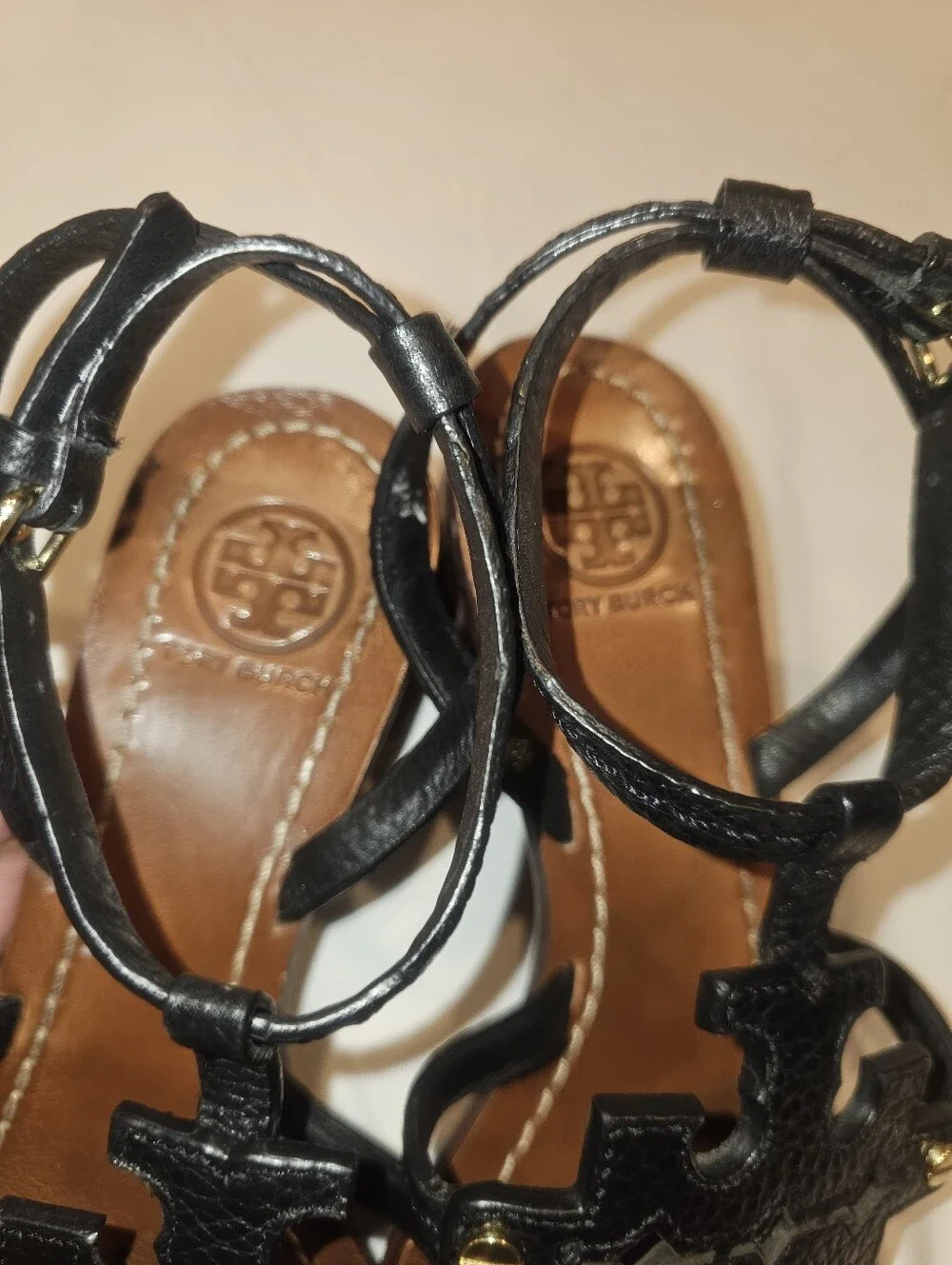 TORY BURCH Chandler tumbled leather block heel black sandals, 6.5